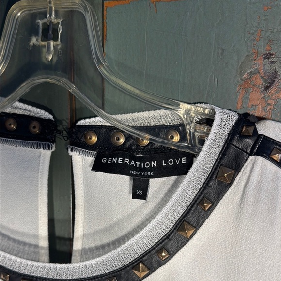 NWOT Generation Love White Top with Black Faux Leather and Gold Stud Accents - Picture 2 of 10